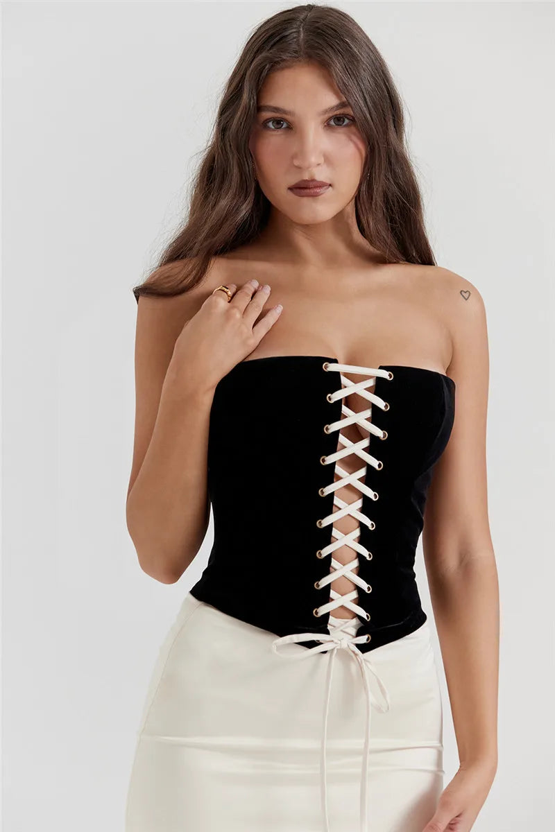 Black Lace Up Corset Top And White Satin Midi Skirt Set