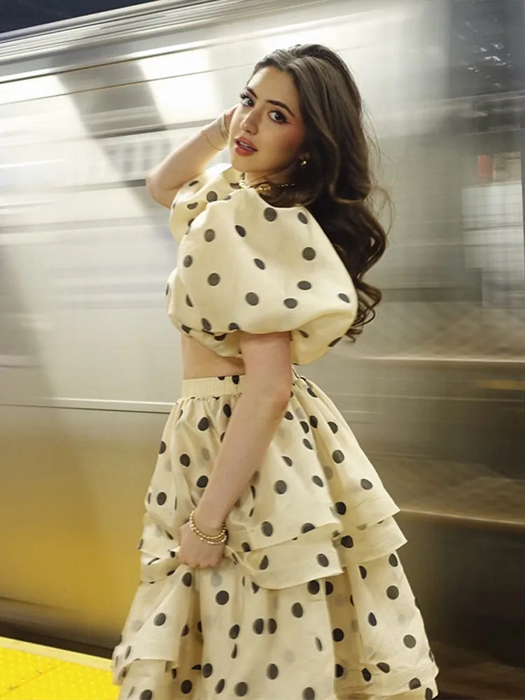 Polka Dot Bubble Sleeve Top And Ruffles Maxi Skirt Set