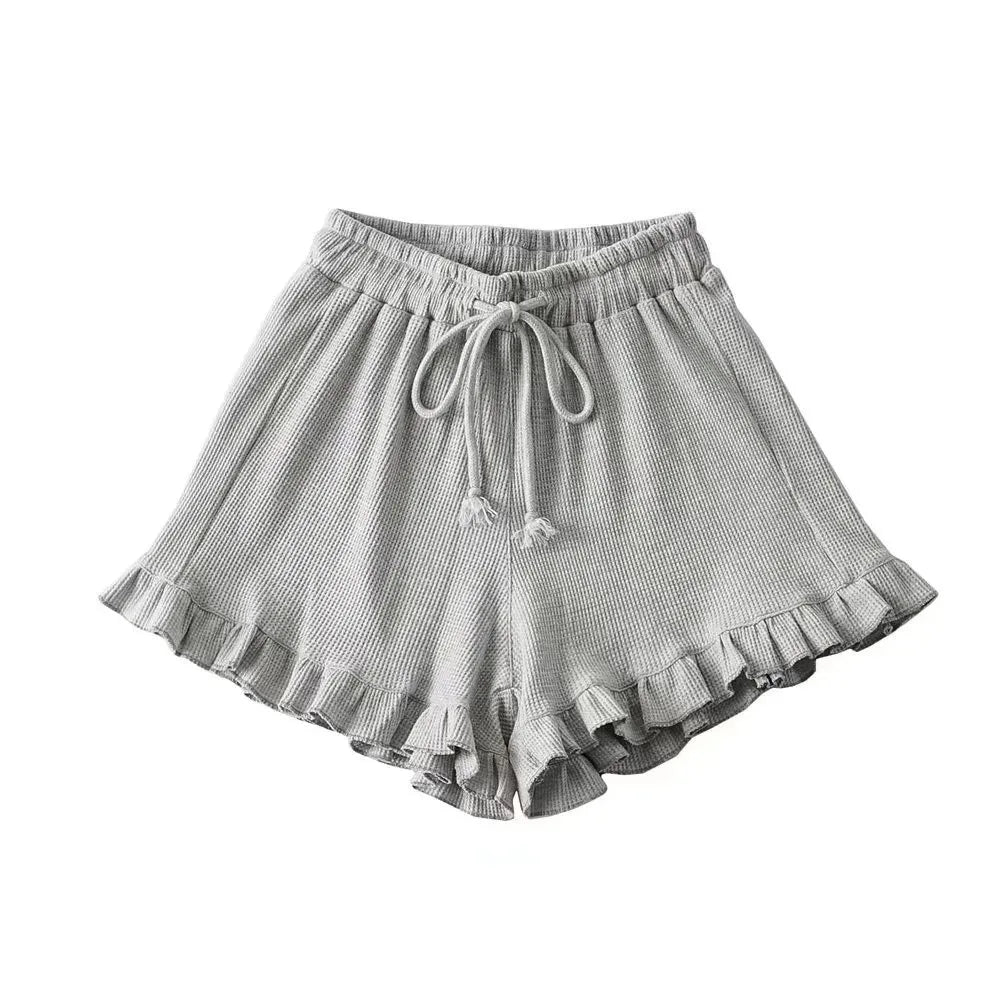 Ribbed Ruffle Trim Drawstring Waffle Shorts