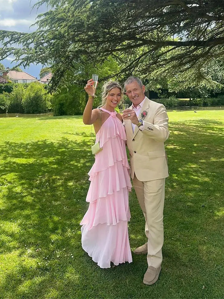 Pink Pleated Halter Maxi Dress