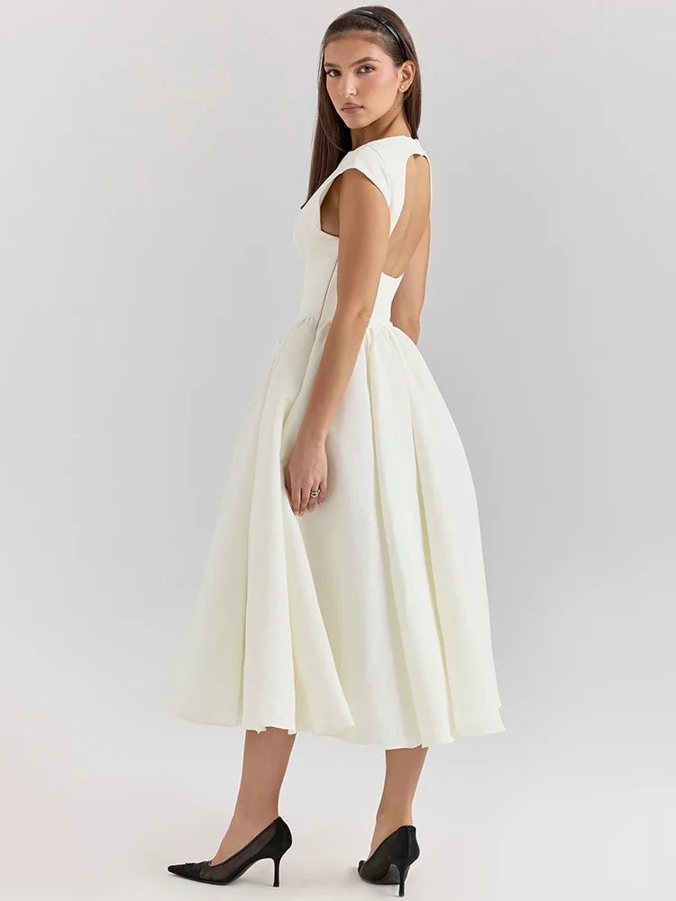 Solid Short Sleeve Flare High Neck Midi Dress
