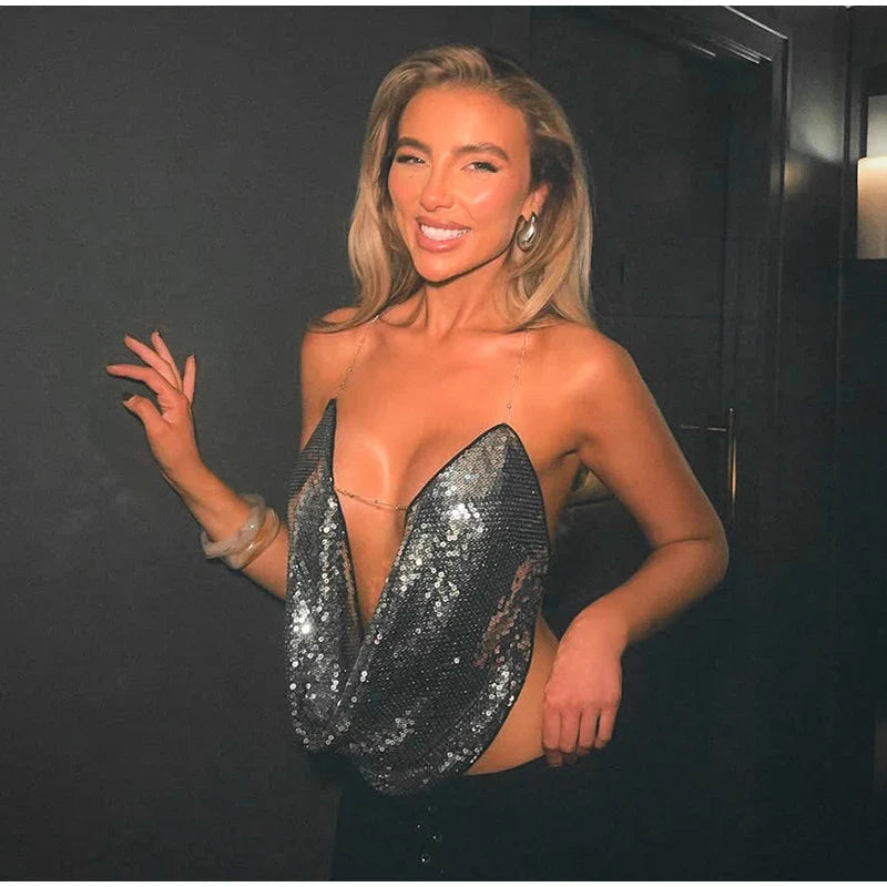 Silver Sequin Halter Open Back Top