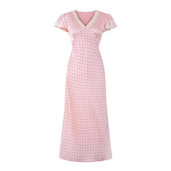 Pink Dotted Print Lace Trim Maxi Dress