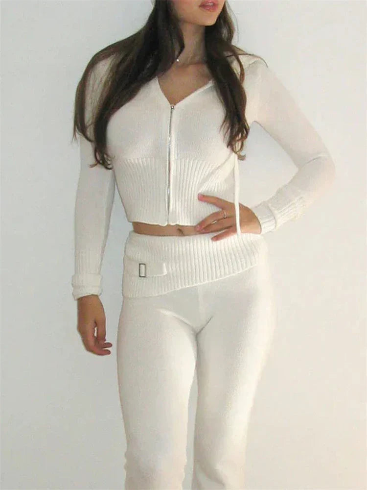 Knit Zipper Hooded Top And Pants Set