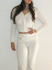 Knit Zipper Hooded Top And Pants Set