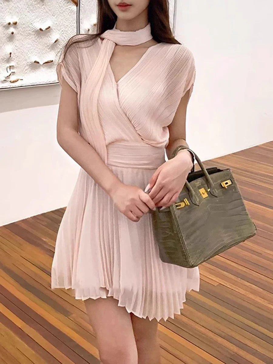 Pink Scarf V Neck Short Sleeve Pleated Wrap Mini Dress