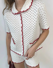 White Knitted Short Sleeve Top And Shorts Set