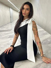 Black One Shoulder Contrast Tie Up  Midi Dress