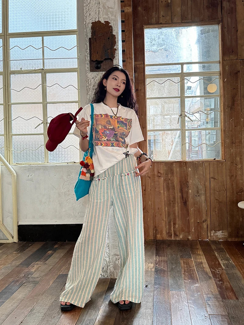 Blue Striped Wide Leg Pants