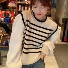 Black & White Striped Knit Patchwork Sleeve Pullover