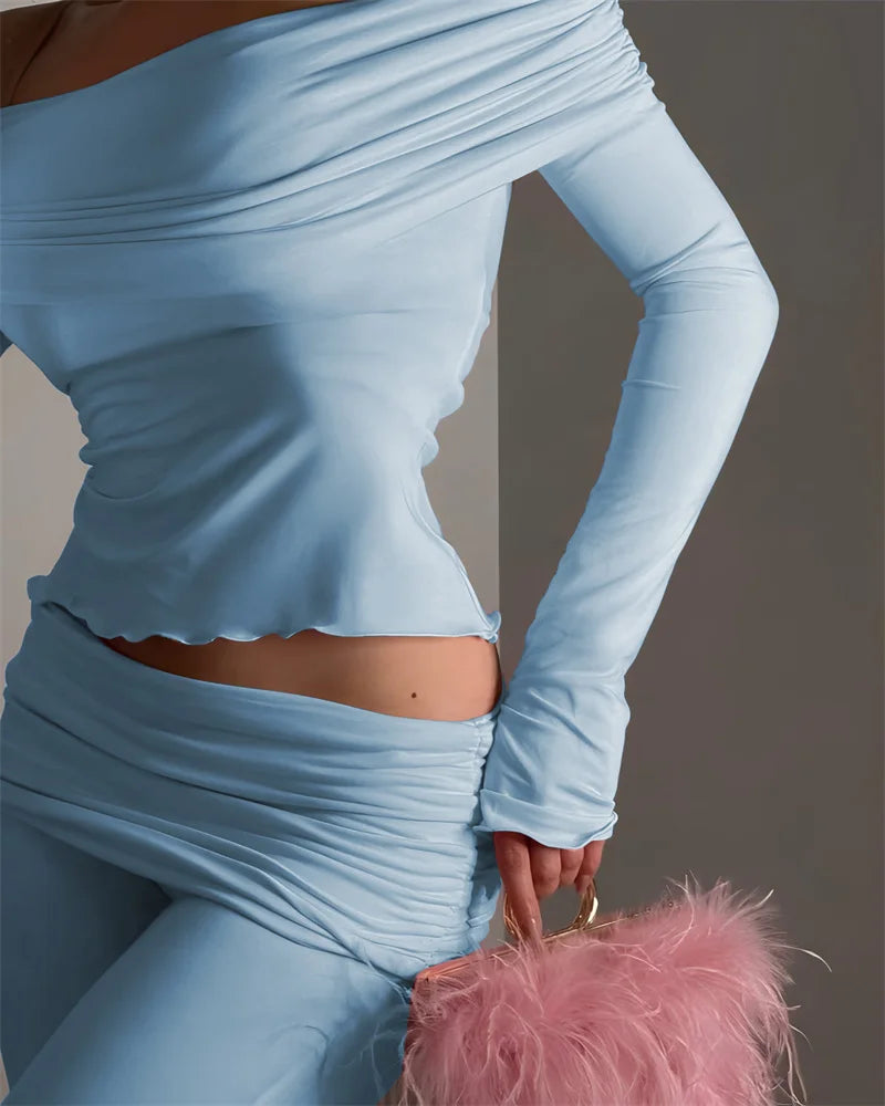 Long Sleeve Off-Shoulder Top And Ruched Pants Set