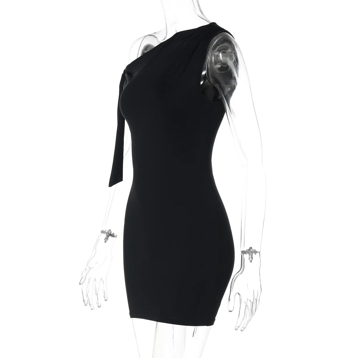 Black One Shoulder Tie Up Mini Dress