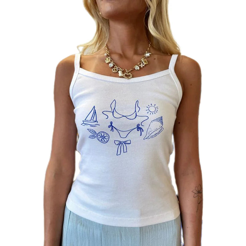 White Beach Print Tank Top - Casual Cami