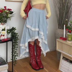 Ruffle Layered Lace Trim Maxi Skirt