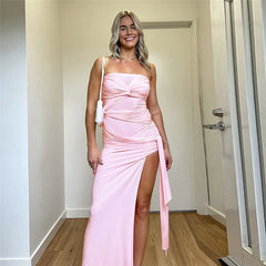 Strapless Pink Tie Up Mesh Midi Dress