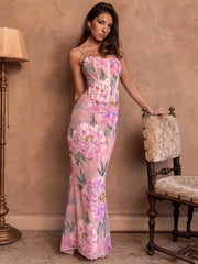 Pink Printed Corset Maxi Dres
