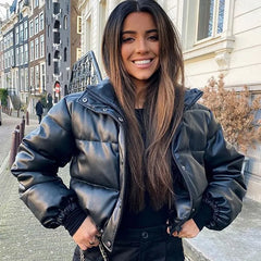 Faux Leather Puffer Short Jacket
