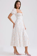 Puff Sleeves Floral Printed Midi Dress