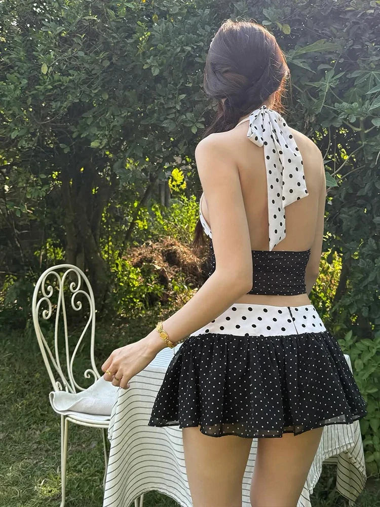 Polka Dot Patchwork Halter Crop Top And Mini Skirt Set