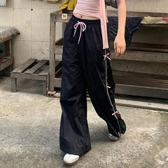 Black Side Bow Drawstring Straight Sweatpants