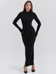 Black Long Sleeve Solid Mock Neck Maxi Dress