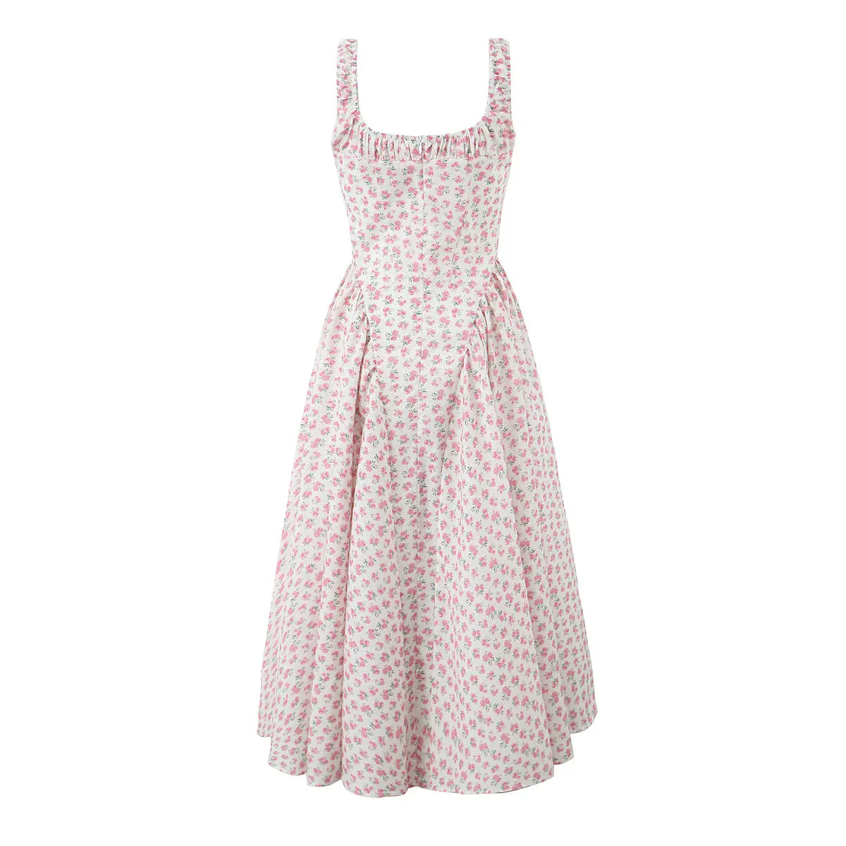 Floral Print Square Neck Strap Flare Midi Dress