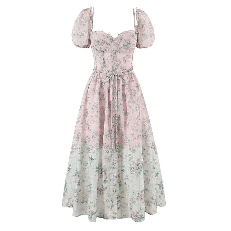 Two Tone Floral Print Puff Sleeve Midi Dress