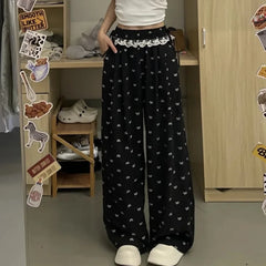 Bow Printed Wide Leg Pants
