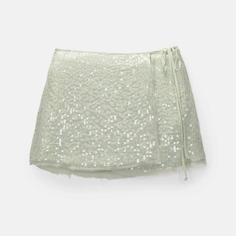 Sheer Strap Sequin Top Lace Up Mini Skirt Set