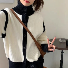 Contrast Turtleneck Buttoned Cardigan