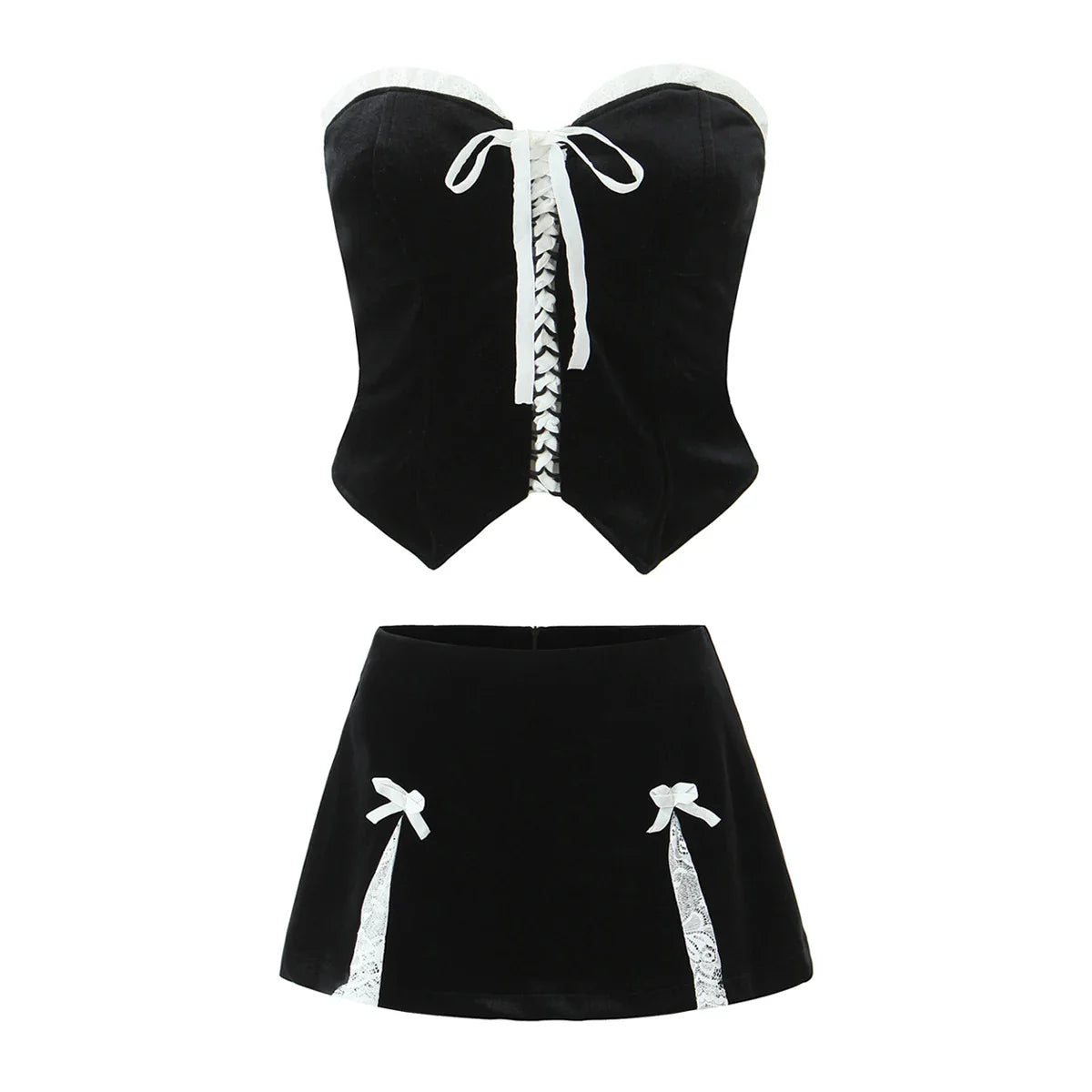 Black Velvet Lace Up Corset Top And Mini Skirt Set