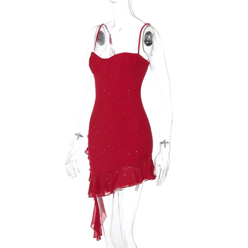 Red Sequin Ruffle Cami Mini Dress