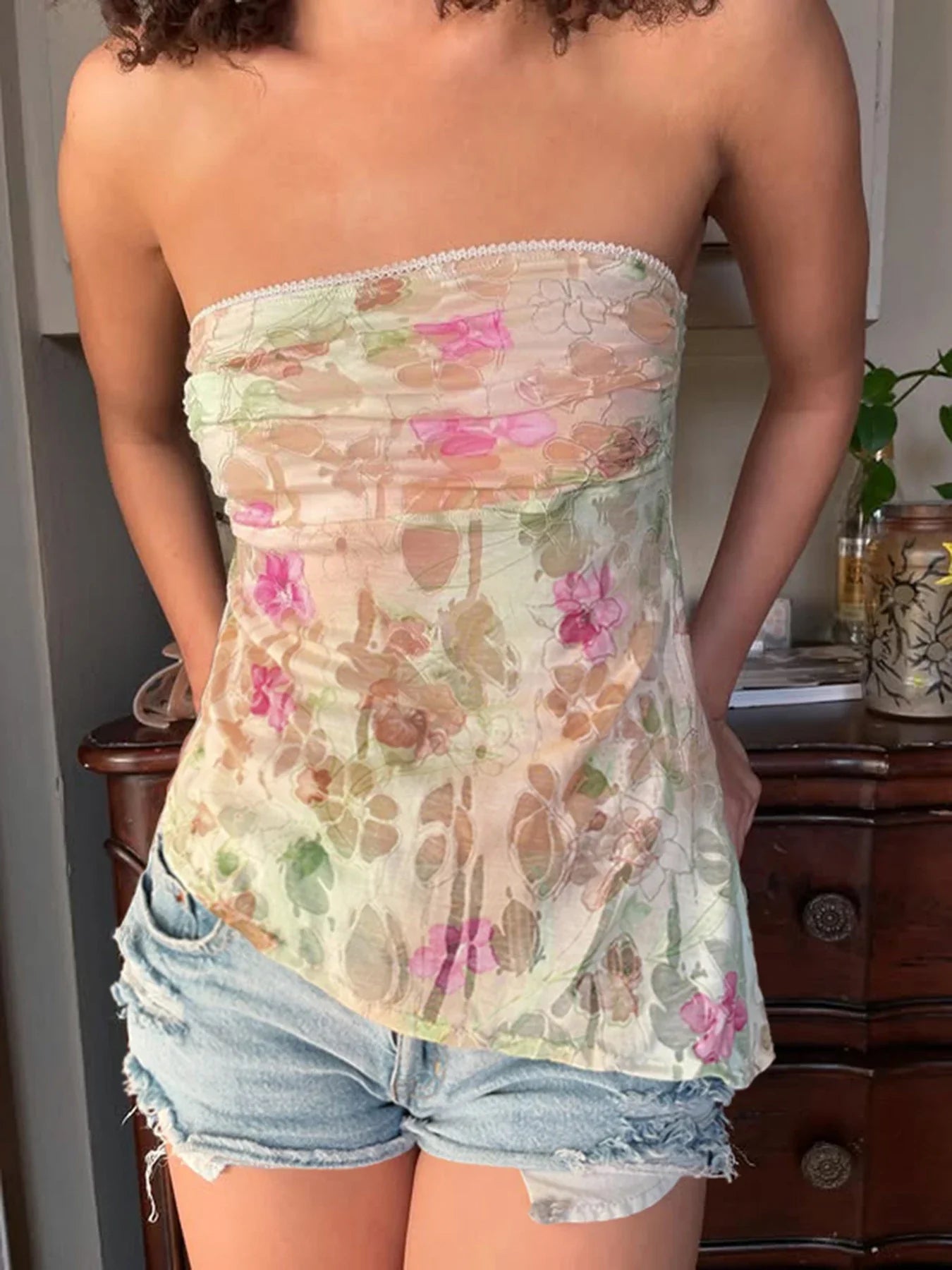 Floral Print Strapless Mesh Top - Vintage Knit Tank