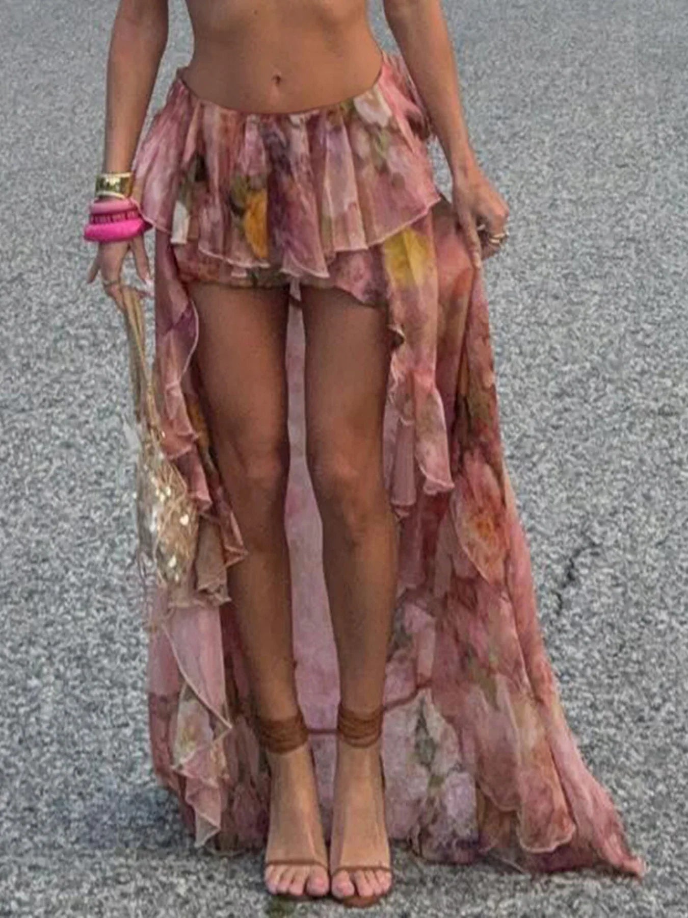 Floral Print Chiffon Ruffled Mini Draped Skirt