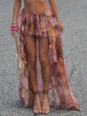 Floral Print Chiffon Ruffled Mini Draped Skirt