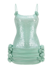 Green Sequin Strap Pleated Flower Mini Dress
