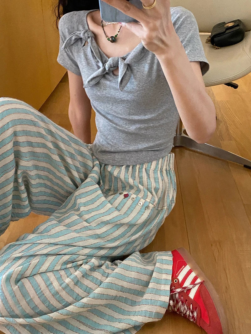 Blue Striped Wide Leg Pants