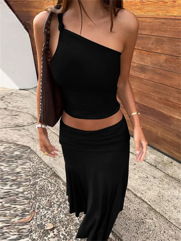 Knot One Shoulder Top And Ruched Midi Skirt Set