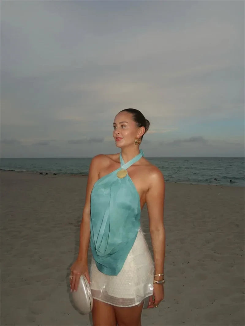 Blue Tie Dye Halter Deep Neck Top