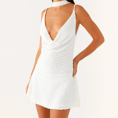 Sheer Cowl Ruffled Hem Cami Dress with Scarf - Mini A-Line