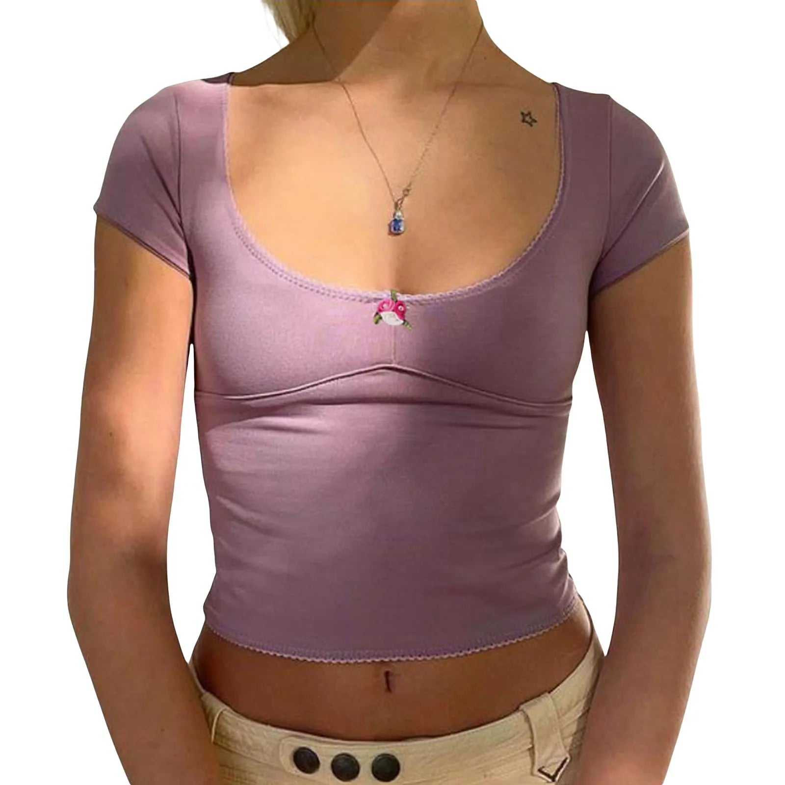 Short Sleeve Lace Trim Scoop Neck with Bow Top
