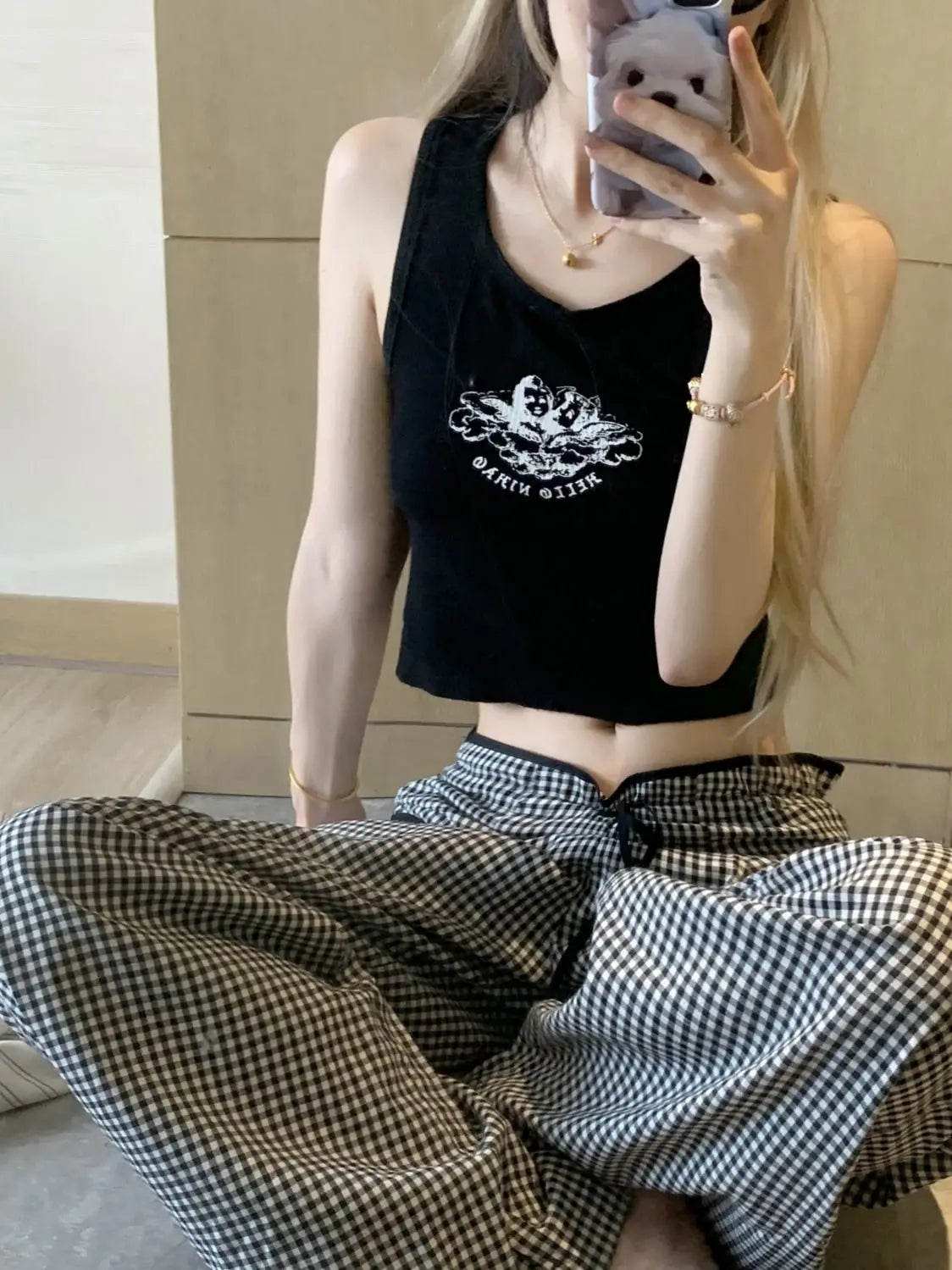 Black Plaid Drawstring Wide Leg Palazzo Pants