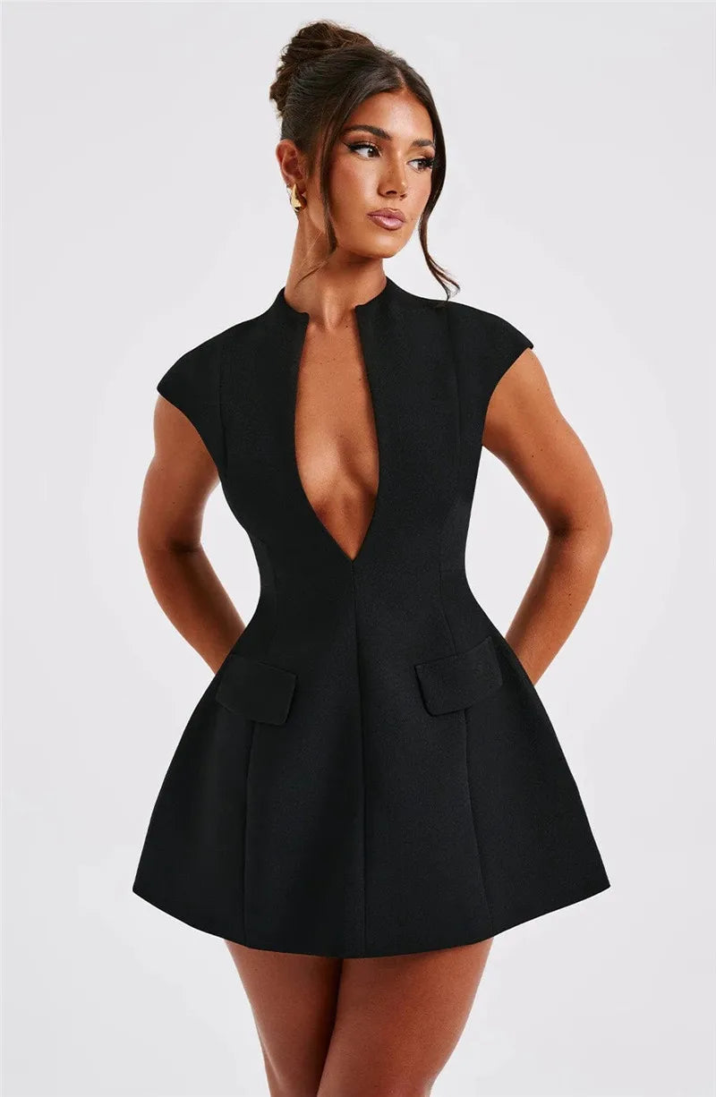 Black Deep Neck Short Sleeve Solid Mini Dress