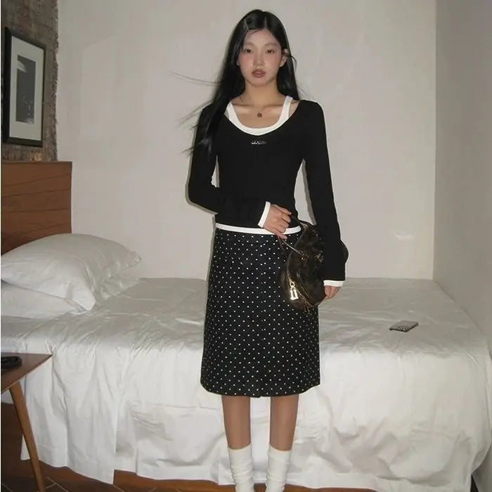 Black Polka Dot Midi Skirt