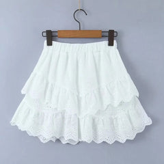 White Ruffles Embroidery Elastic Waist Mini Skirt