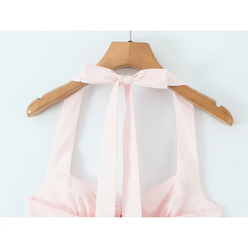 Pink Floral Embroidery Lace Up Halter Top