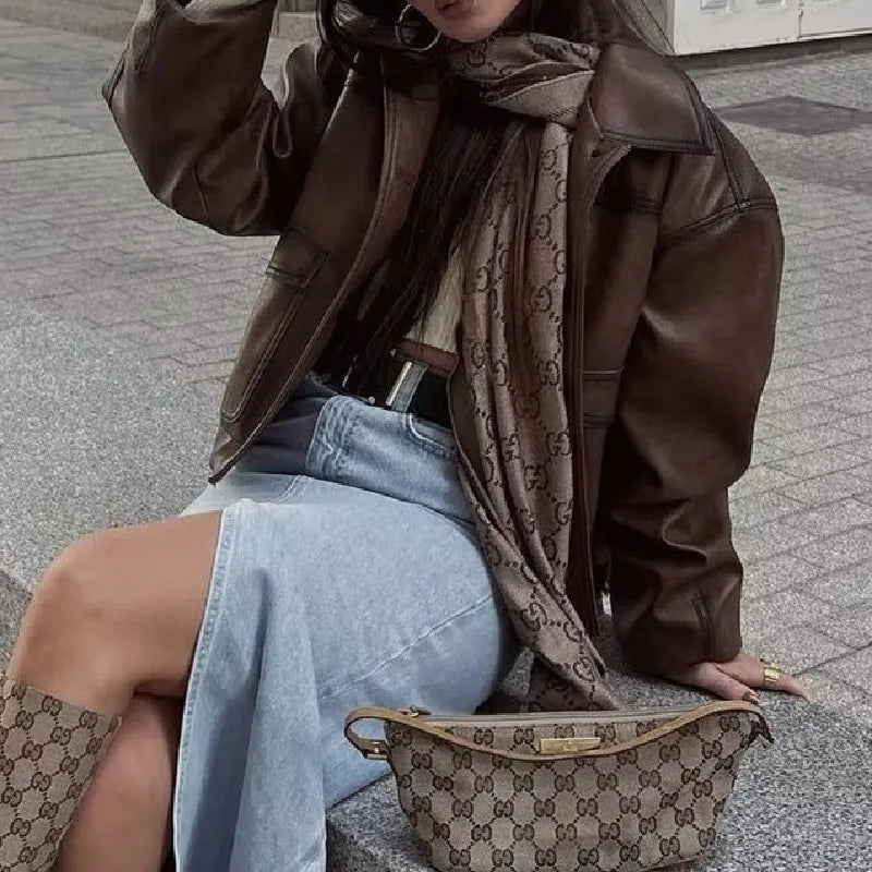 Gradient Brown PU Leather Jacket