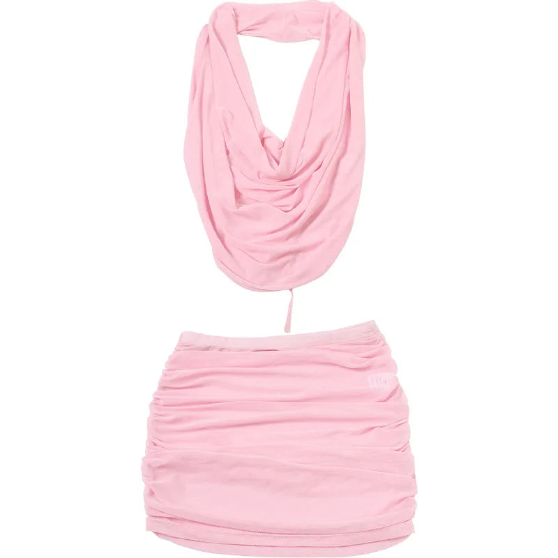 Mesh Cowl Deep Neck Halter Top and Mini Skirt Set