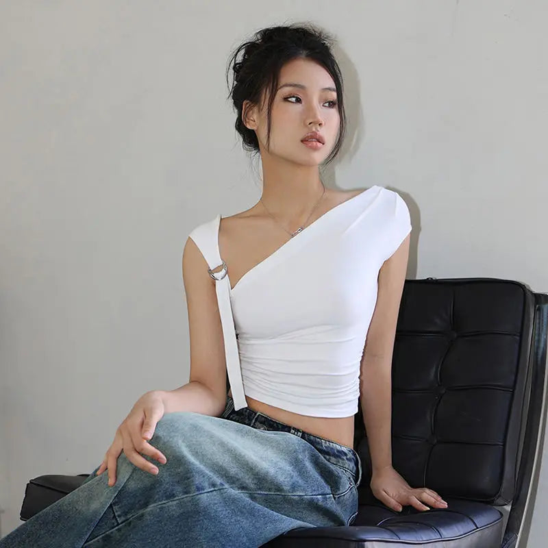 Asymmetric Strap Buckle Sleeve Crop Top