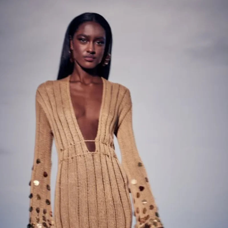 Beige Deep Neck Sequin Knitted Maxi Dress 